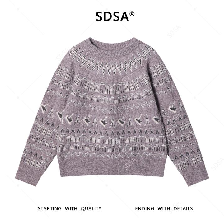 SDSA秋冬新款痞帅男装慵懒风撞色提花圆领针织衫百搭时尚套头毛衣