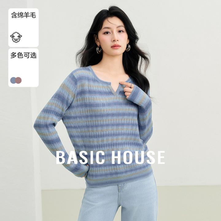 Basic House/百家好撞色条纹针织衫女款2025秋冬新款宽松长袖上衣