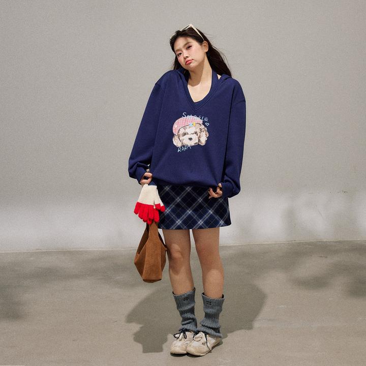 张大人【慕妮蓝格】大码女装微胖妹妹学院狗狗印花连帽卫衣蓝格短裙