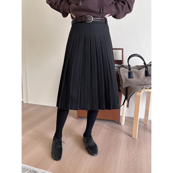 2025冬季通勤高智感中长半身裙黑色毛呢裙子秋冬羊毛A字百褶裙女