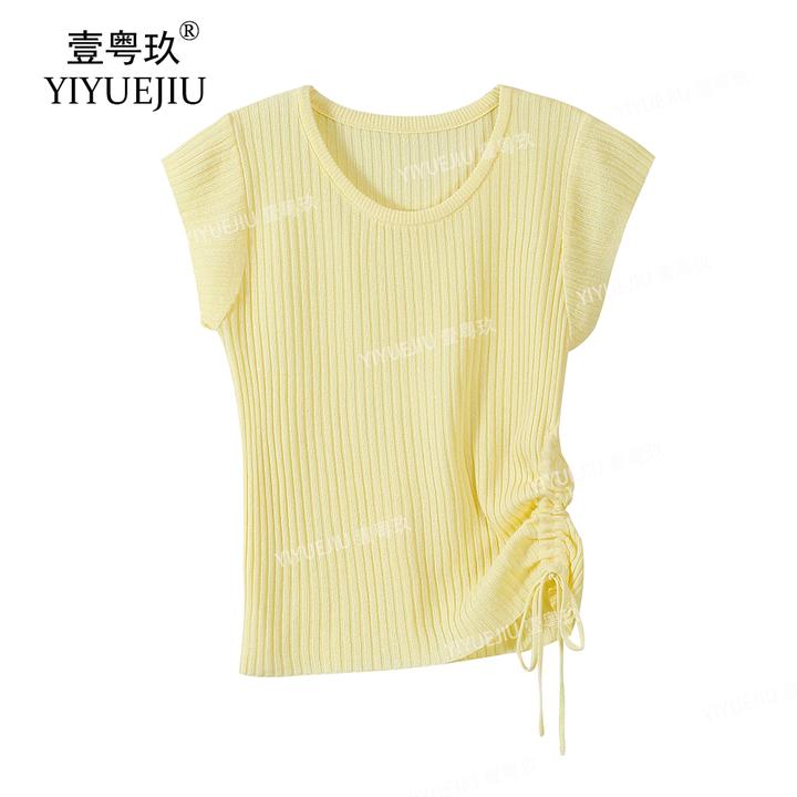 【现货】夏季抽绳针织衫短袖女修身韩版时尚纯色T恤设计感百搭上衣