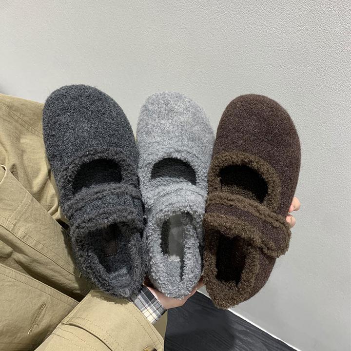 内增高厚底勃肯鞋女加绒灰色玛丽珍毛毛鞋女冬外穿韩版呢子棉鞋子