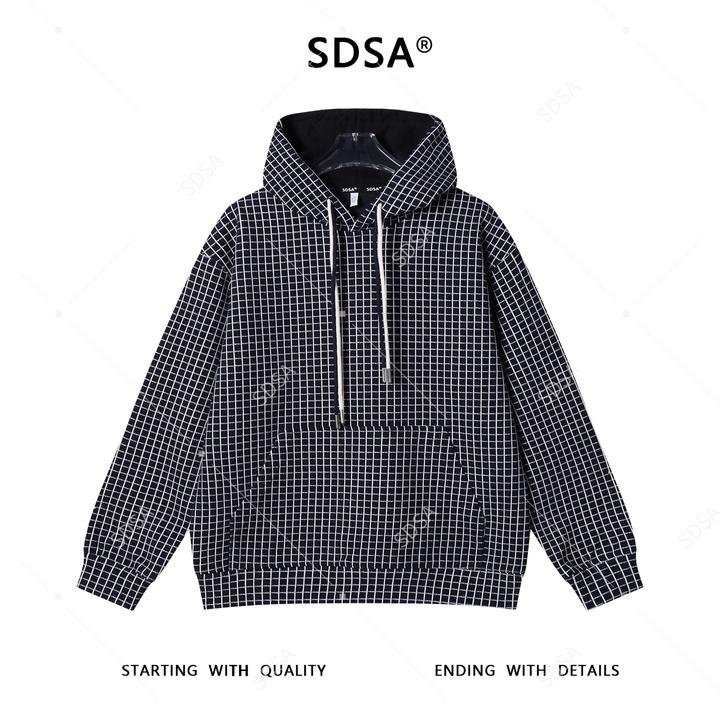 SDSA男士秋冬新款痞帅男装撞色格纹格子设计抽绳连帽卫衣复古百搭