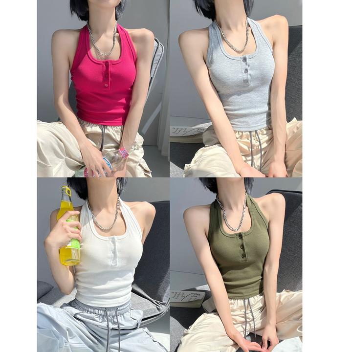 辣妹风性感挂脖短款吊带小背心女装纽扣露背带胸垫无袖百搭上衣