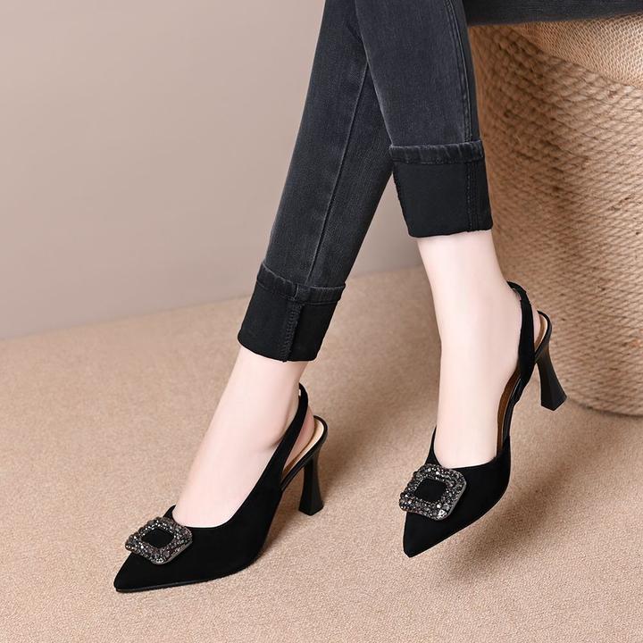 网红时尚包头凉鞋女2025夏季新款水钻细跟高跟鞋浅口尖头后空单鞋