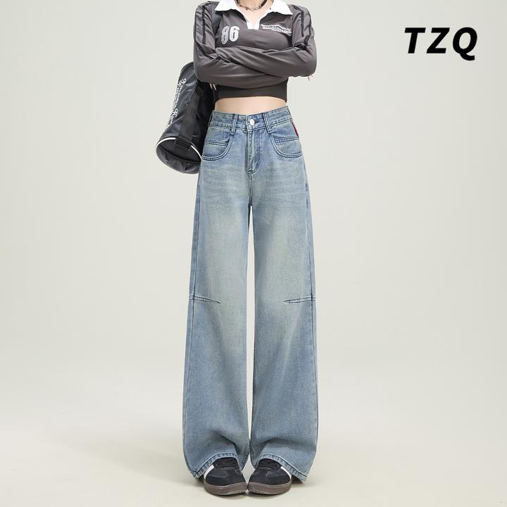 高腰复古牛仔裤女爆款2025新款复古显瘦直筒阔腿拖地裤TZQ123102