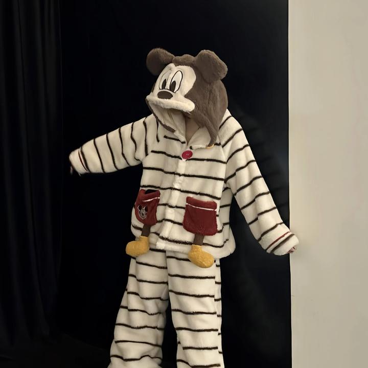 可爱卡通米奇珊瑚绒睡衣女秋冬季新款连帽长袖长裤家居服套装冬天