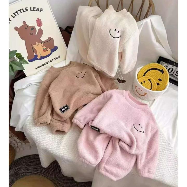 儿童秋冬新款韩版加绒加厚套装男女童宝宝洋气保暖家居服两件套1