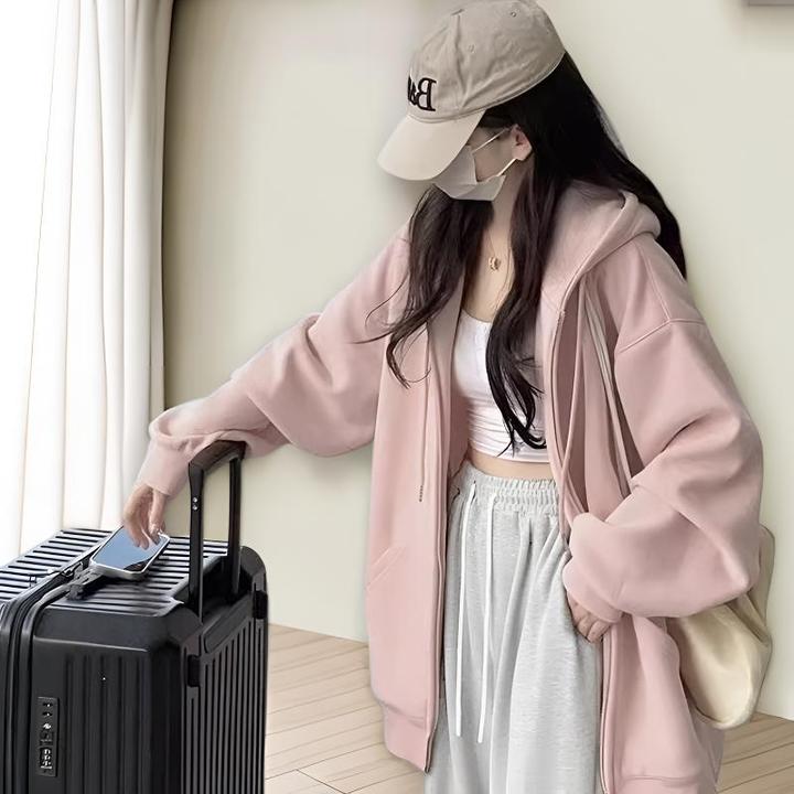 春秋卫衣外套女春秋薄款拉链早春新款初春韩系连帽慵懒风开衫女