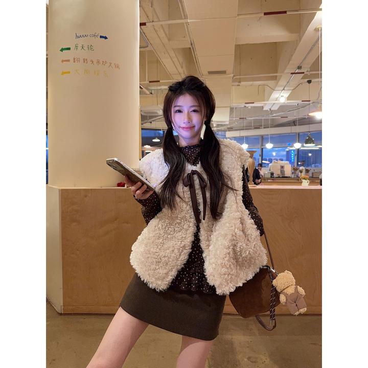 蝴蝶结系带无袖马甲背心女冬季新款叠穿毛毛坎肩外套宽松马夹上衣