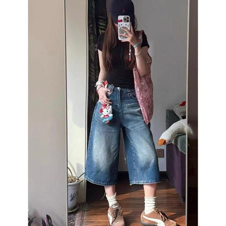 蓝色七分复古阔腿牛仔裤女2025春夏新款美式宽松直筒七分裤子潮