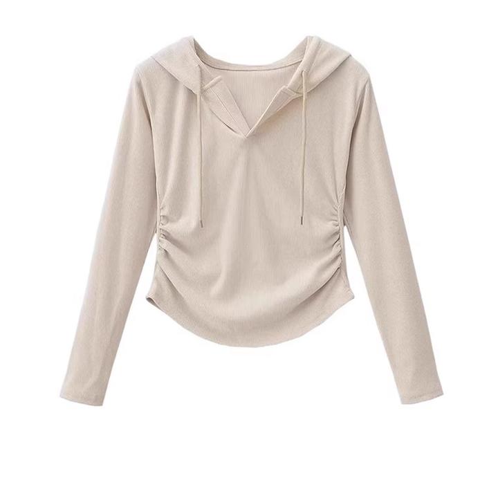 设计感纯欲风抽绳连帽长袖修身正肩T恤秋装新款打底衫卫衣女短款