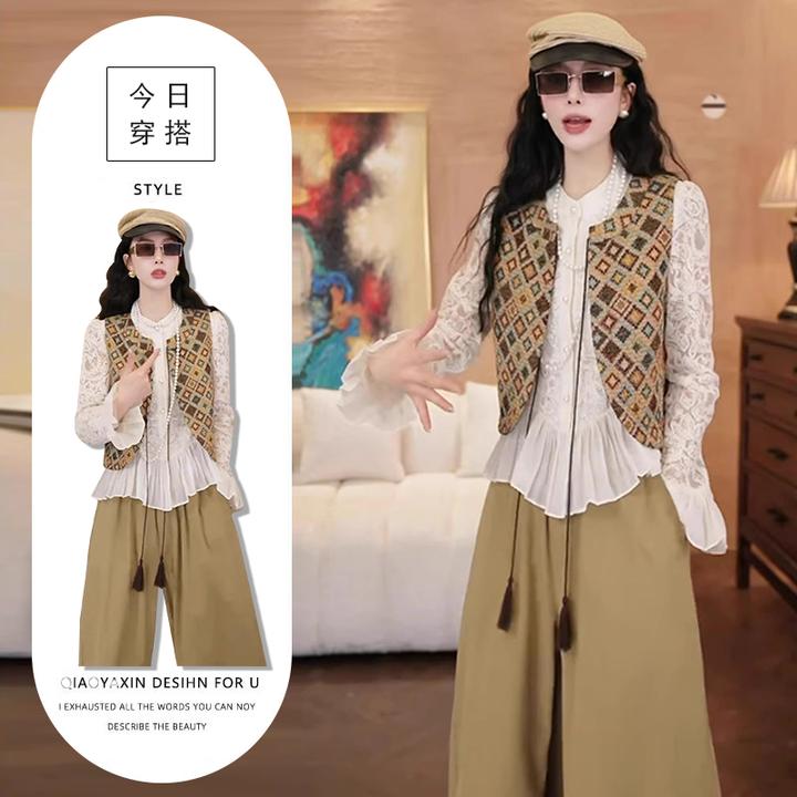 春季2025新款复古气质休闲套装女背心马甲蕾丝长袖衬衫高腰阔腿裤