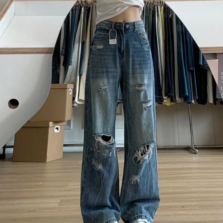 复古破洞牛仔裤女直筒秋季薄款2025新款高腰显瘦百搭设计感阔腿裤