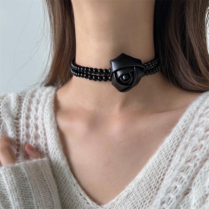 非金属亚克力项链 X6024-1黑色珠珠花朵项链气质时尚百搭短款个性