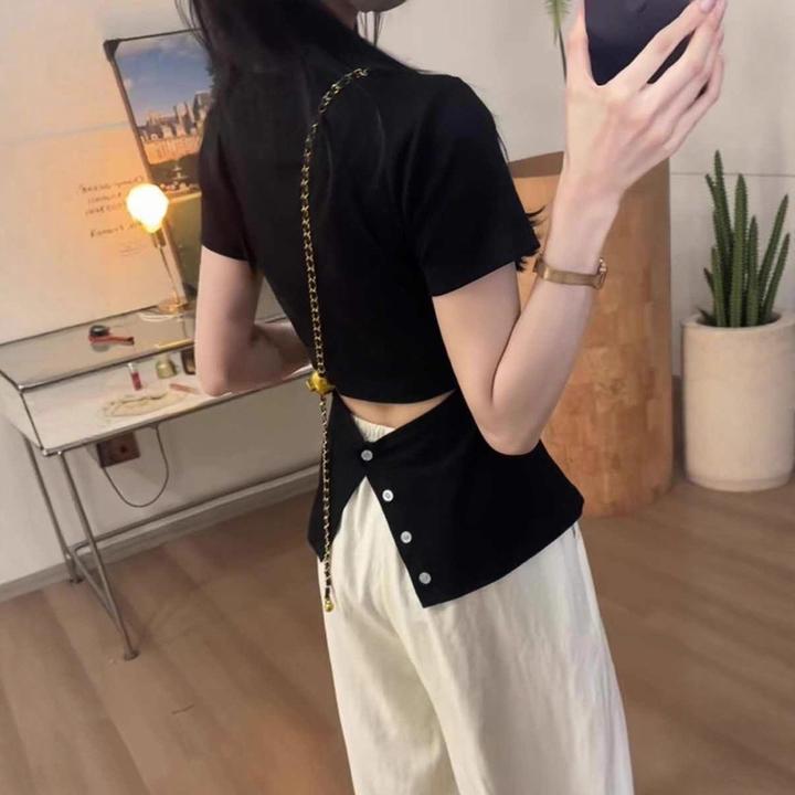 2025夏季新款设计感小心机辣妹v领后背镂空开叉收腰短袖T恤上衣女