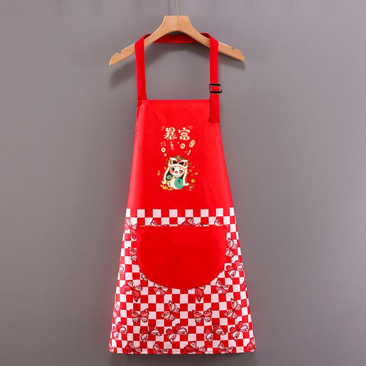 新款春节蛇年卡通喜庆围裙厨房家用饭店做饭时尚挂脖防水防油防污