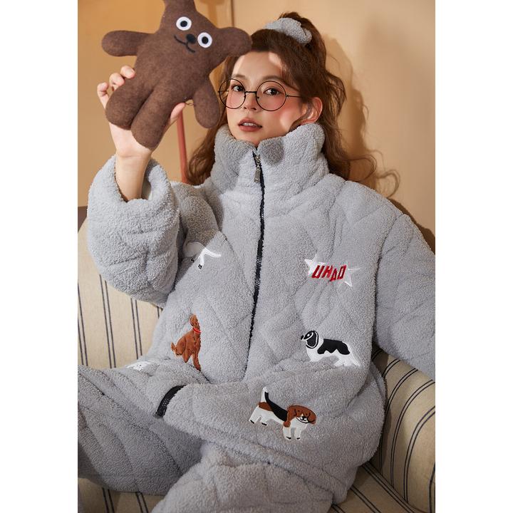 冬睡衣女款爆款2025新款三层夹棉珊瑚绒半边绒加厚加绒家居服套装