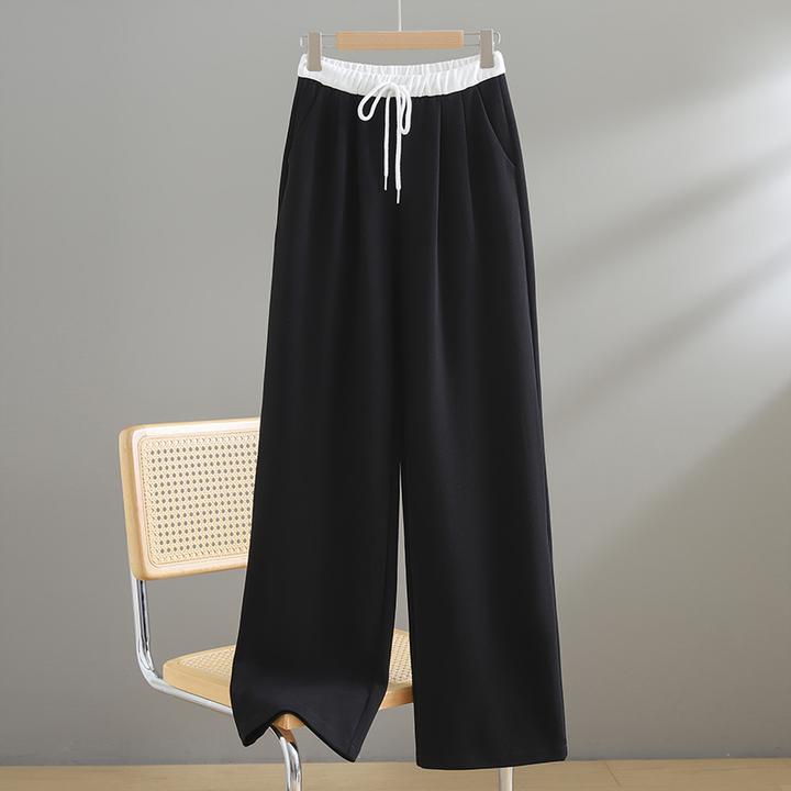 文艺高腰直筒宽松休闲卫裤加长阔腿裤子黑色松紧腰系带运动裤女式