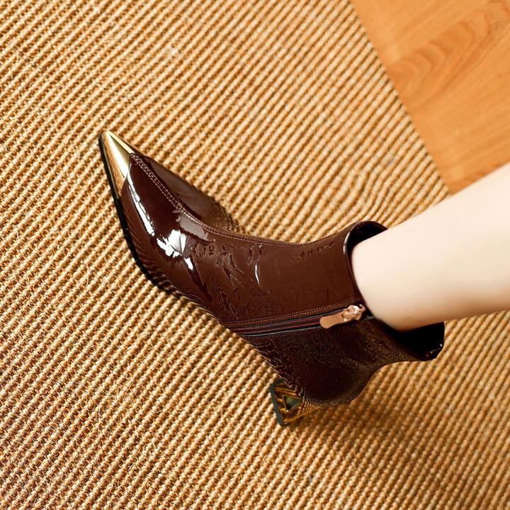 羊漆皮6.5cm～金属尖头高跟短靴复古显瘦马丁靴秋冬粗跟时装靴短筒