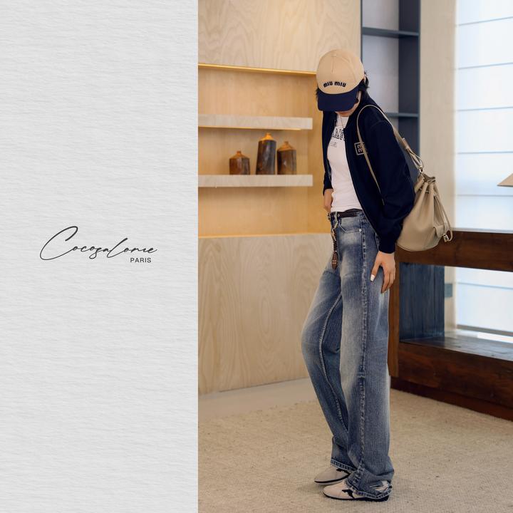 韩彬彬"牛王系列"纯棉后脚跟破洞设计无弹力直筒牛仔裤2067-1