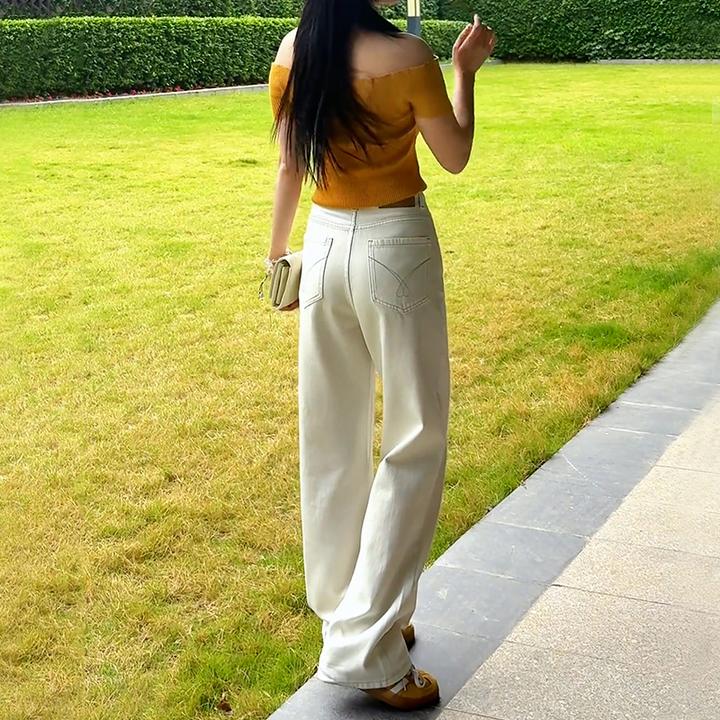 美思源白色牛仔裤女款2025年秋冬新款高腰直筒宽松阔腿长裤