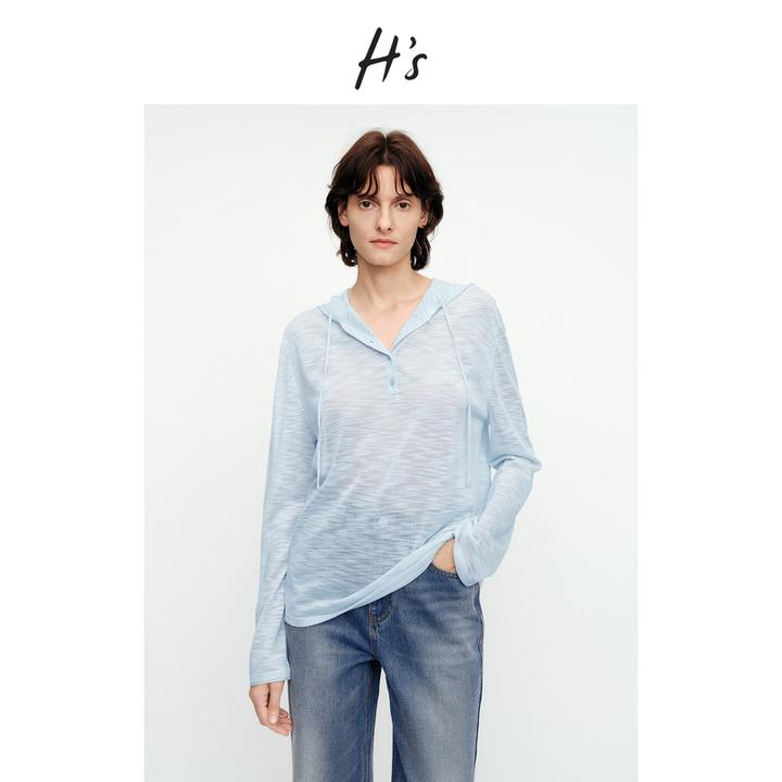 【秋上新】H'S竹节纱连帽针织衫女25秋新款亨利领修身薄款长袖上衣