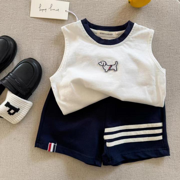 【粉丝福利】夏款无袖纯棉薄款条杠织带T恤背心拼色短袖短裤套装