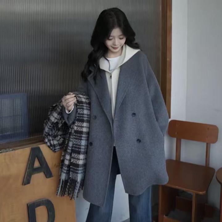 2025韩版双面羊毛气质大衣百搭春秋季中长款宽松女士时尚双面呢