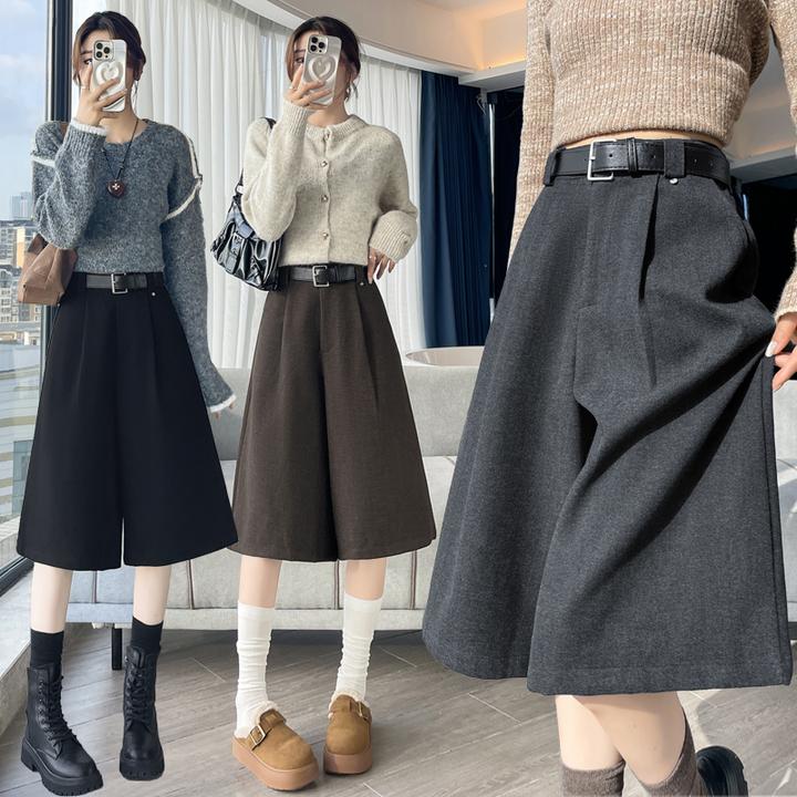 毛呢七分裤女老钱风小个子阔腿裤中裤休闲马裤靴裤裤子秋冬款女