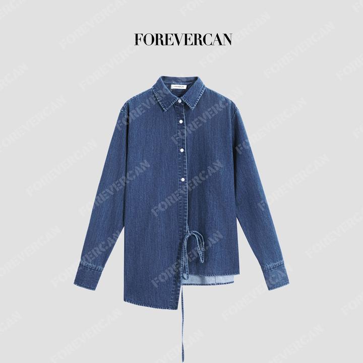 FOREVERCAN“丹宁解构”裹身式绑带长袖牛仔外套围裹衬衫ST56993