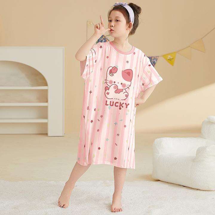 【莫代尔】夏季莫代尔睡裙女童夏薄款短袖卡通中大童儿童家居服女孩