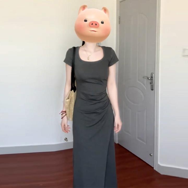 【现货+运补】好看独特方领灰色简单大方T恤长裙收腰显瘦1293