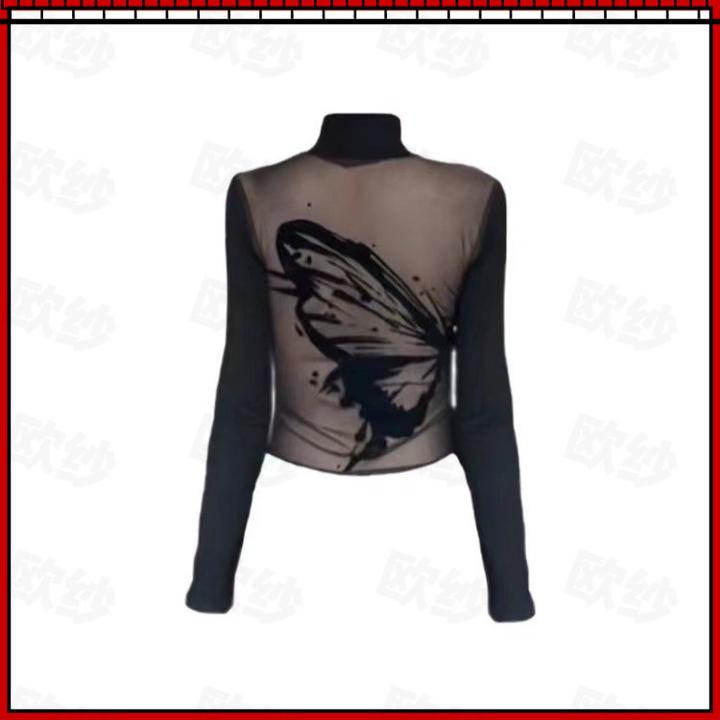 2025春季新款黑色微透印花高领打底衫女紧身辣妹茶里茶气别致上衣