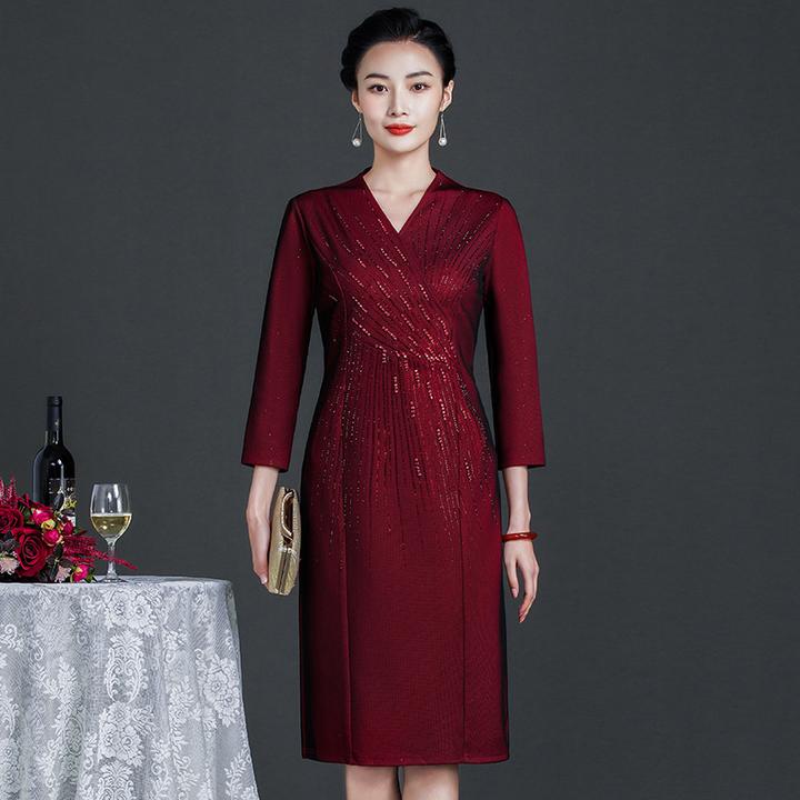 2025春季新款大码中年女性过膝显瘦连衣裙洋气高贵喜妈妈婚礼气质