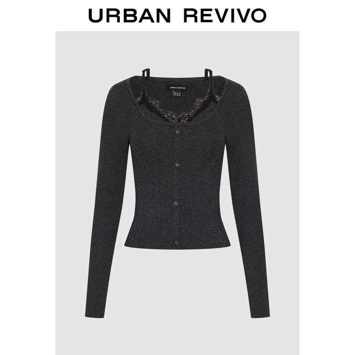 UR2025冬季新款女气质魅力拼接蕾丝短款修身针织衫UWJ950116