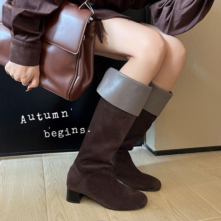 2025弹力靴后拉链百搭新款真皮方头坡跟弹力瘦瘦靴女靴