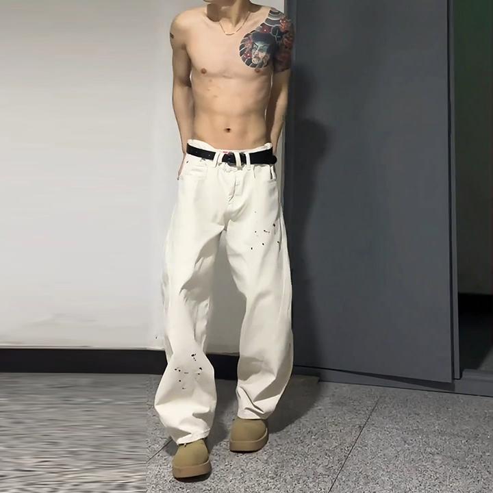 白色泼墨弯刀牛仔裤男春季美式高街裤子cleanfit痞帅宽松直筒长裤