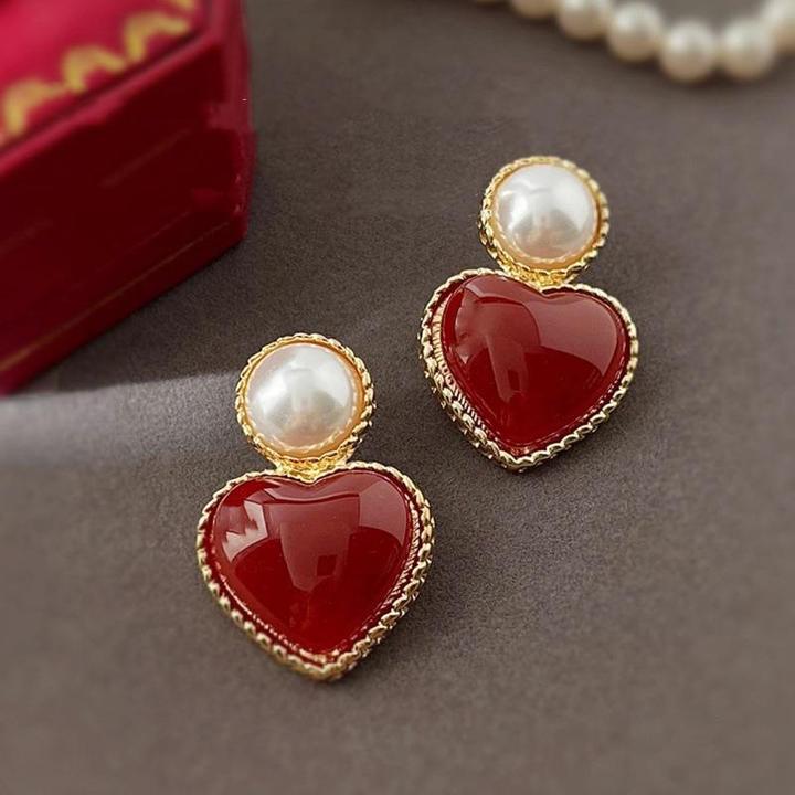 铜合金锆石耳饰 法式复古港风爱心ins耳环女轻奢红色气质耳钉百搭