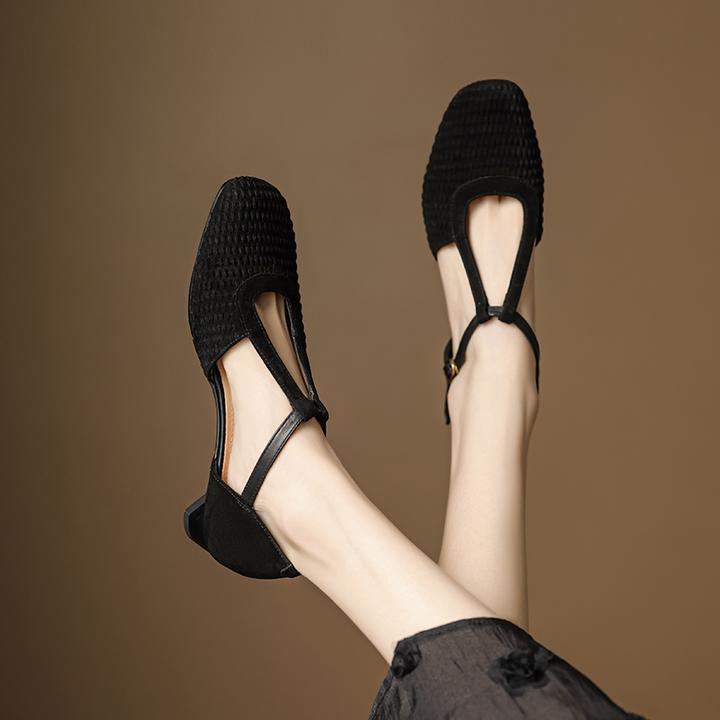 34-40码|2.5cm低跟|黑/米杏/焦糖|陈摸鱼方头磨砂编织中空凉鞋夏