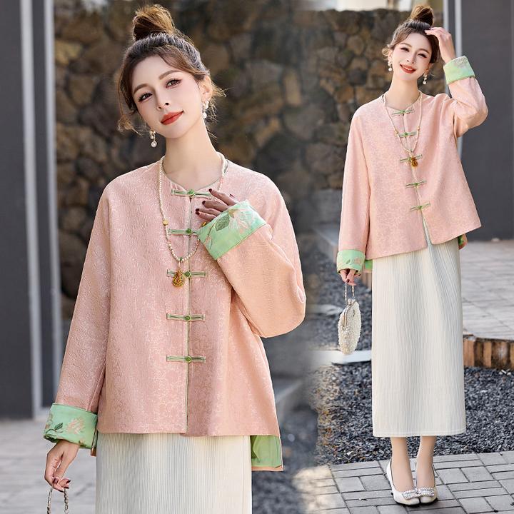 新中式国风提花外套女2025春季新款复古盘扣撞色刺绣气质短款上衣