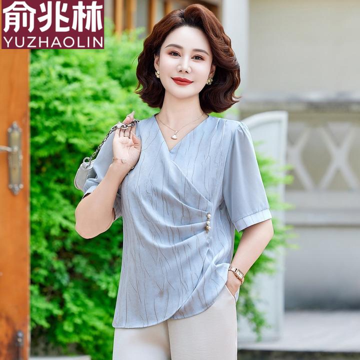 俞兆林母亲节时尚妈妈装小衫套装2025夏季收腰衬衣镂空拼接气质短