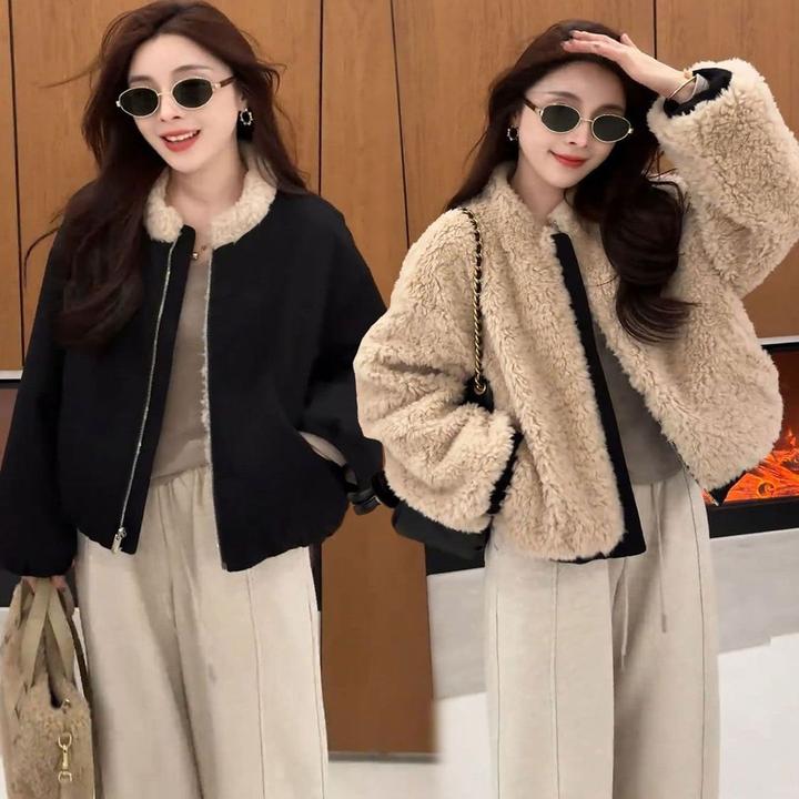 时尚毛毛外套女短款双面穿拉链开衫韩系洋气保暖棉服2025新款