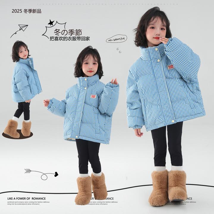 韩版撞色时尚蓝格子连帽棉服外套女冬季宽松加厚保暖面包服棉女童