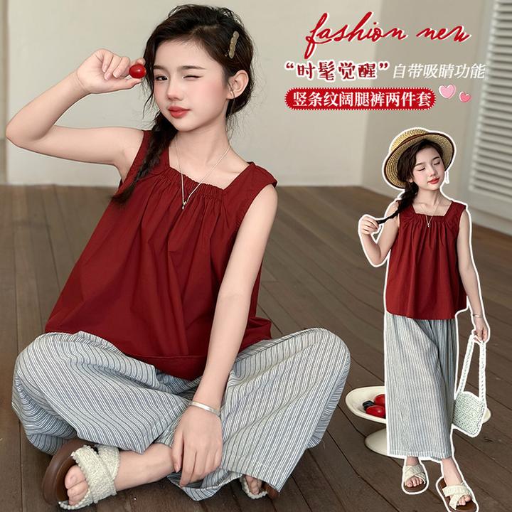 时尚洋气女儿服休闲夏上新女童无袖背心阔腿裤套装，上衣裤子面料