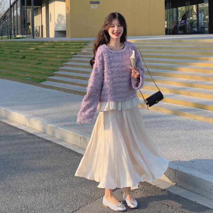 韩系高级富家千金感套装女2025春季新款紫色流苏上衣半身裙两件套
