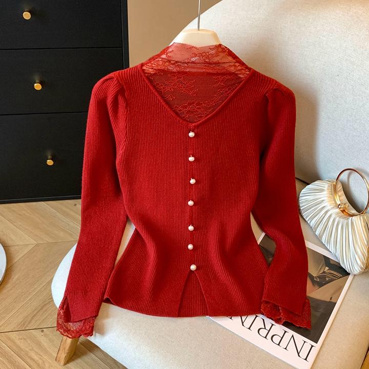 红色高级感蕾丝拼接长袖毛针织衫女秋冬韩系修身洋气打底毛衣9385