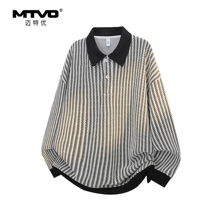翻领卫衣2025年秋季男美式复古撞色条纹设计感时尚百搭POLO领卫衣