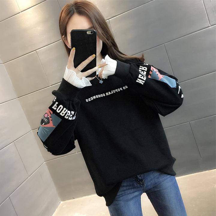 荷叶领拼接卫衣女无帽2025年春秋新款黑色薄款上衣小个子宽松外套