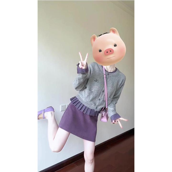 学院风假两件撞色格纹百褶边毛衣开衫女春秋季针织外套半身裙套装